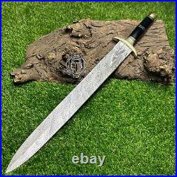 Bk Custom Handforged Damascus Steel Hunting Viking Sword With Leather Sheath-447