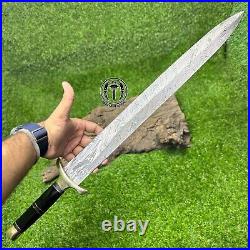 Bk Custom Handforged Damascus Steel Hunting Viking Sword With Leather Sheath-447