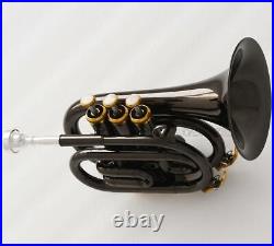 Black nickel Gold Pocket Trumpet B-flat Horn Large bell 2 Mouthpiece With Case