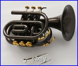 Black nickel Gold Pocket Trumpet B-flat Horn Large bell 2 Mouthpiece With Case