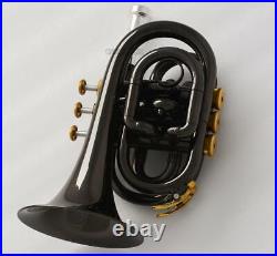 Black nickel Gold Pocket Trumpet B-flat Horn Large bell 2 Mouthpiece With Case