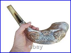 Blowing Shofar Ram Horn Silver Coated With Lion Of Judah 12-14