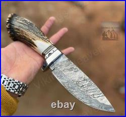 Bowie Hunting Knife Damascus Blade With Stag Horn Bone Handle Forged Steel