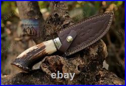 Bowie Hunting Knife Damascus Blade With Stag Horn Bone Handle Forged Steel