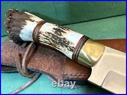 Bowie Hunting Knife with Stag Handle & Leather Sheath 16 Overall Ships Free