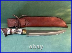 Bowie Hunting Knife with Stag Handle & Leather Sheath 16 Overall Ships Free