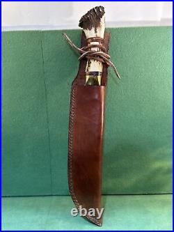 Bowie Hunting Knife with Stag Handle & Leather Sheath 16 Overall Ships Free