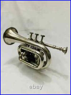 Brass Polished Bugle Instrument Pocket Trumpet With 3 Valve &Vintage Flugel Horn