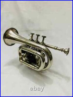 Brass Polished Bugle Instrument Pocket Trumpet With 3 Valve Vintage Flugel Horn