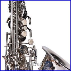 Brass Soprano B Flat Saxophone Curved Horn Sax with Carry Case Strap Kits Silver