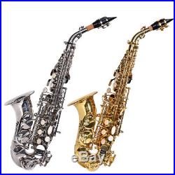 Brass Soprano Flat B Saxophone Curved Horn Sax with Bag Strap Kit Silver / Gold