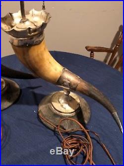 Bull Horn Lamps with silver plated brass mounts on wooden bases (pair)