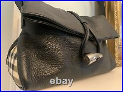 Burberry Flap Purse Black Leather Plaid Sides Single Strap Size M lightly used