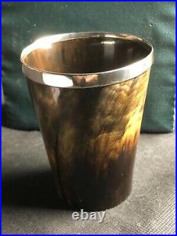 C19th Horn Beaker With Unmarked Silver Rim & Cartouche And With Glass Bottom