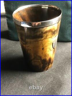 C19th Horn Beaker With Unmarked Silver Rim & Cartouche And With Glass Bottom