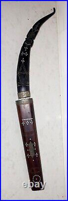 Cambodian Kmer Loer Horn Handle Knife With Wood Sheath & Steel Blade