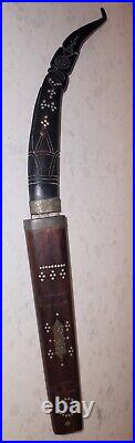 Cambodian Kmer Loer Horn Handle Knife With Wood Sheath & Steel Blade