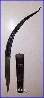 Cambodian Kmer Loer Horn Handle Knife With Wood Sheath & Steel Blade