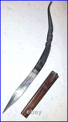 Cambodian Kmer Loer Horn Handle Knife With Wood Sheath & Steel Blade