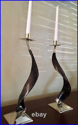 Candlesticks With Goat Horn And Nickel Silver. 18 Tall. New Without Tags