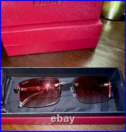 Cartier Rimless Buffalo Horn Frames Sunglasses Silver- Pink Lense With Box
