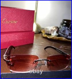 Cartier Rimless Buffalo Horn Frames Sunglasses Silver- Pink Lense With Box