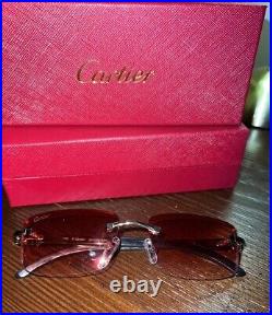 Cartier Rimless Buffalo Horn Frames Sunglasses Silver- Pink Lense With Box