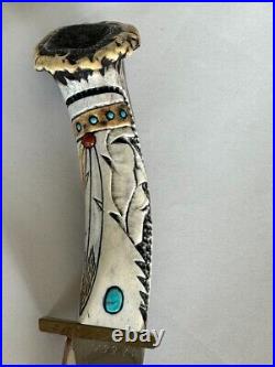 Carved Indigenous American Art Antler Knife With Stand