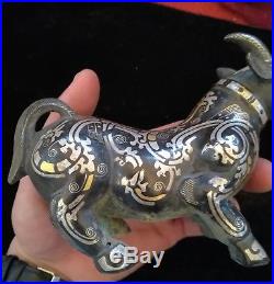 Chinese bronze beast statues inlaid gold&silver beast statues with horn