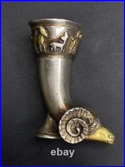 Collectable Old Roman Silver statue Sheep Horn cup Signed carvings with Gold Cup