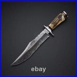 Costum Hand Made Damascus Steel Hunting Knife With Stage Horn Handle