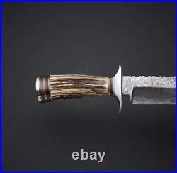 Costum Hand Made Damascus Steel Hunting Knife With Stage Horn Handle