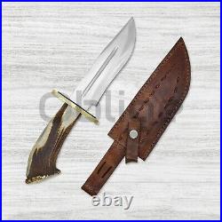 Custom Bowie Hunting Knife Stag Horn Handle Hunting Knife With Leather Sheath