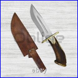 Custom Bowie Hunting Knife Stag Horn Handle Hunting Knife With Leather Sheath