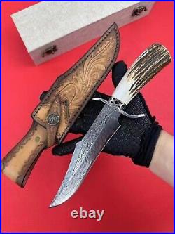 Custom Damascus Hunting Fixed Blade Knife Survival Camping Stag Horn Handle