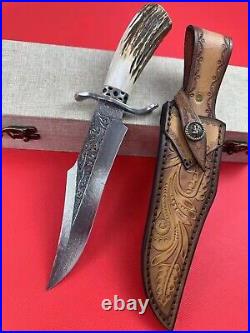 Custom Damascus Hunting Fixed Blade Knife Survival Camping Stag Horn Handle