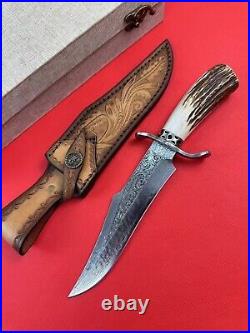 Custom Damascus Hunting Fixed Blade Knife Survival Camping Stag Horn Handle