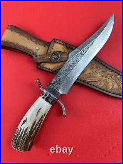 Custom Damascus Hunting Fixed Blade Knife Survival Camping Stag Horn Handle