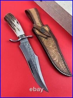 Custom Damascus Hunting Fixed Blade Knife Survival Camping Stag Horn Handle