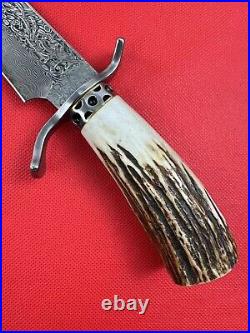 Custom Damascus Hunting Fixed Blade Knife Survival Camping Stag Horn Handle