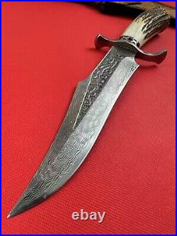 Custom Damascus Hunting Fixed Blade Knife Survival Camping Stag Horn Handle