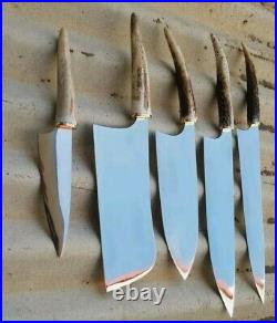 Custom Hand Forged 1095 High Polish Steel 5 Pieces Chef Set With Stag Horn