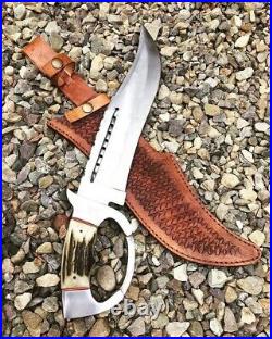 Custom Hand Forged 16 Hunting Camping Bowie Knife With Stag Horn Handle