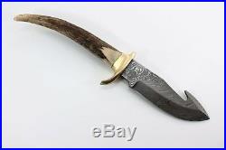 Custom Hand Made Damascus Steel Fixed Blade Knife with Deer Horn Handle