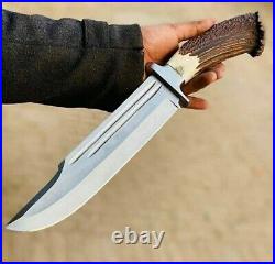 Custom HandMade D2 Steel Hunting 15in Bowie Knife Deer Horn Handle With Sheath