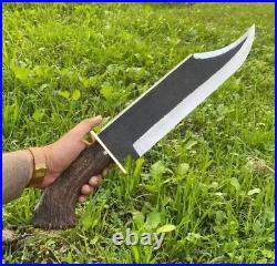 Custom Handmade Carbon Steel Hunting Bowie Knife With Stag Horn Handle & Sheath