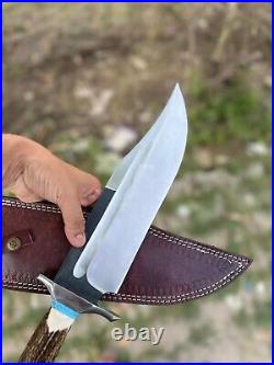 Custom Handmade Carbon Steel Stag Horn Handle Hunting Bowie Knife with Sheath