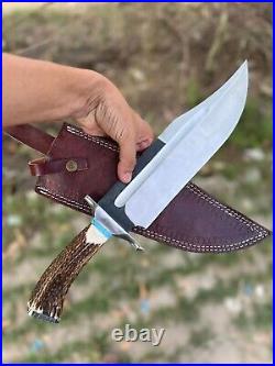 Custom Handmade Carbon Steel Stag Horn Handle Hunting Bowie Knife with Sheath