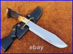 Custom Handmade D2 Die Tool Steel Bowie Knife With Brass Clip & Stag horn Handle