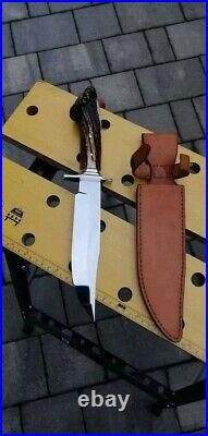Custom Handmade D2 Die Tool Steel Bowie Knife With Steel Clip & Stag horn Handle